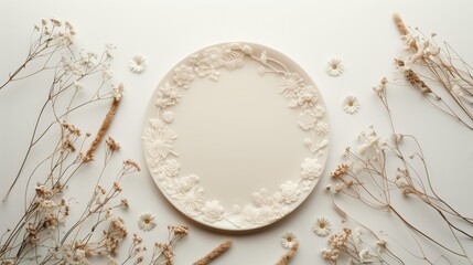 Sticker - Elegant tabletop setup featuring a decorative ceramic plate with floral relief surrounded by delicate dried flowers.