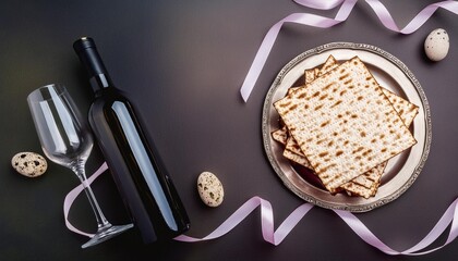 Wall Mural - passover holiday cute banner design with traditional seder plate matzo and wine