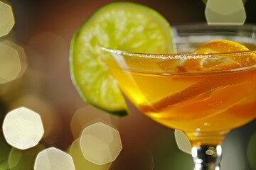 An orange cocktail with lemon and lime peel garnish