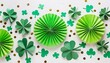 abstract st patrick day background with paper clover leaves and confetti on white table top view flat lay