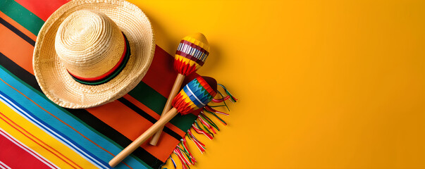 Flat lay banner with straw hat, maracas, colorful mexican fabric on bright yellow background with copy space. Cinco de mayo concept design. Template for Traditional Mexican culture holiday. Fiesta.