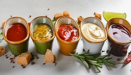 Wall Mural - different kinds of sauces on white background