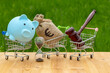 Money bag with euro symbol, supermarket trolleys, piggy bank, judge's gavel and clock on grass background