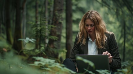 Workation. A woman in a suit working on a laptop outdoors, surrounded by forest and hills. Outdoor portrait with natural light, embodying the digital nomad and work-life balance concept.