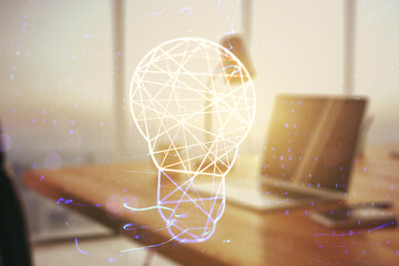 Poster - Creative light bulb illustration on modern computer background, future technology concept. Multiexposure