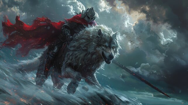 A man is riding a wolf in a stormy sky