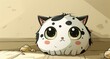 A cute cartoon cat with big eyes is sitting on the floor. The cat is white with black spots.