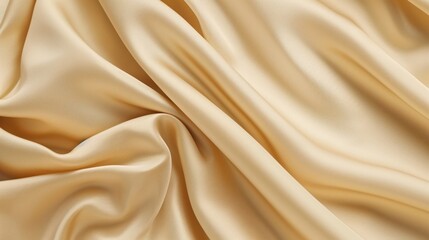 Elegant beige satin fabric with soft folds. Luxurious textile close-up for fashion and interior design. 