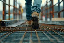 Close Up Of Worker Walking On Metal Platform At Construction Site