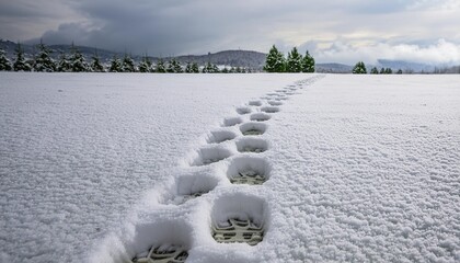 Sticker - footprints from snow boots leave a trail on a fresh snowy ground marking a journey through the winter wonderland