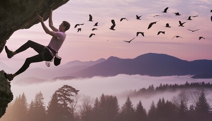 Sticker - silhouette of rock climber climbing overhang forest and mountains in the background birds magical misty landscape fog pink and violet illustration banner