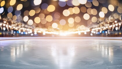 Sticker - festive background with lights reflecting on the surface of the ice on the skating rink empty ice skating arena winter holidays bokeh lights copy space