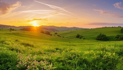 Sticker - golden sunrise over rolling green fields beautiful rural panorama with green grass and wildflowers