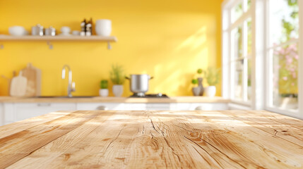 Wooden light empty countertop against the background of modern yellow kitchen, kitchen panel with accessories in the interior. Scene showcase template for promotional items, banner