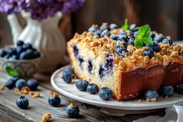 Wall Mural - Yeast dough cake with blueberries and crumble topping