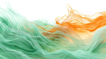 Wall Mural - A high-definition, realistic image of tidal waves swirling in mint green and deep orange, crisply isolated against a white backdrop.