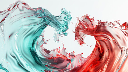 Wall Mural - A high-resolution image depicting the dynamic swirl of aquamarine and cherry red waves, crisply contrasted against a white background, as if taken by an ultra HD camera.