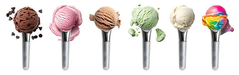 Wall Mural - Ice cream scoop on Stainless steel scoop scooper on transparent background cutout, PNG file. Many assorted different flavour Mockup template for artwork design.	
