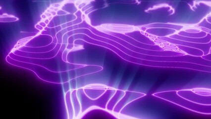 Wall Mural - Purple looped futuristic hi-tech landscape with mountains and canyons from glowing energy circles and magic lines. Abstract background. Video in high quality 4k, motion design