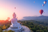Fototapeta  - Aerial view Big Buddha statue with balloons on Phuket Thailand sunset light by drone