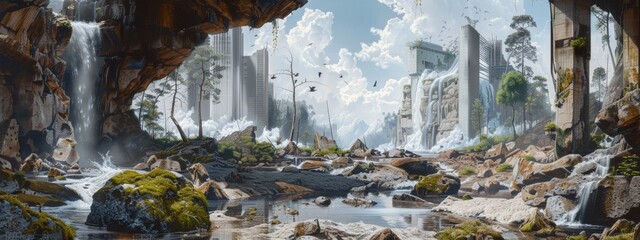 Wall Mural - A hyper-realistic painting of a surreal landscape merging elements of nature with urban architecture.