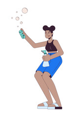 Poster - Happy african american woman with cleaning supplies 2D linear cartoon character. Black female washing isolated line vector person white background. Housekeeping color flat spot illustration