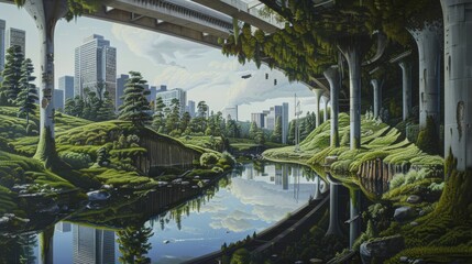 Sticker - A hyper-realistic painting of a surreal landscape merging elements of nature with urban architecture.