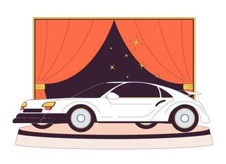 Poster - Luxury car showroom 2D linear cartoon object. Performing innovative automobile model isolated line vector element white background. Vehicle exposition for buyers color flat spot illustration