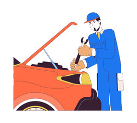 Poster - Skilled caucasian mechanic repairing car 2D linear cartoon character. Male worker at auto service isolated line vector person white background. Vehicle maintenance color flat spot illustration