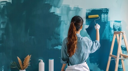 woman painting over the plain tone tapestry of her living room, using a roller to paint