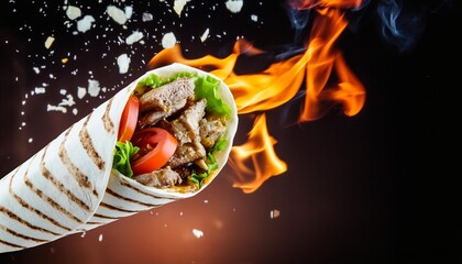 Wall Mural - splash of juicy shawarma with meat vegetables and fire generative ai