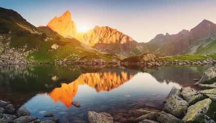 awesome nature scenery beautiful landscape with high mountains with illuminated peaks stones in mountain lake reflection blue sky and yellow sunlight in sunrise amazing nature background