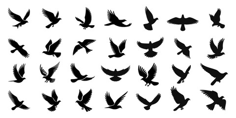 Set of silhouettes of flying birds in a flat style on a white background. Vector illustration