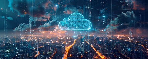 Poster - Generative AI image of cloud computing and digital data transfer with computing networked across cities country and globe with virtualization approach