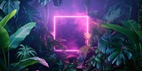 Fototapeta Kuchnia - Tropical Plants Illuminated with Green and Purple Fluorescent Light. Exotic Environment with Square shaped Neon Frame.