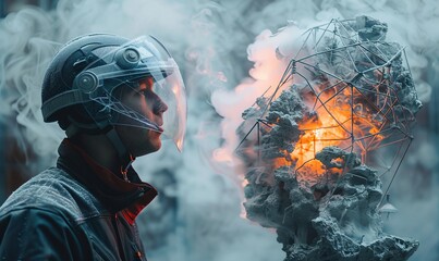 A man in a welder's outfit and helmet looks past a puff of smoke at an industrial sculpture of rebar and concrete