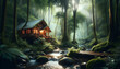 Secluded Cabin in Lush Forest Surrounded by Towering Trees and Babbling Brook - Conceptual Photo Real Forest Retreat