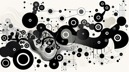 Poster - Geometric abstract background with black dots, circles and lines.