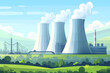 © OMGAi - Nuclear Power Plant Landscape Illustration. Illustrated landscape of a nuclear power plant with cooling towers emitting steam, set against a clear blue sky and green fields.