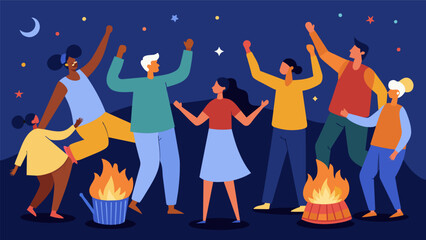 People of all ages and backgrounds holding hands and swaying to the beat of drums around a lively freedom bonfire united in celebration.. Vector illustration