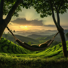 A hammock was strung between two trees on the grassy hills of mountains, with a sunset in the background, and rice fields and tea plantations below. A beautiful sky with clouds 