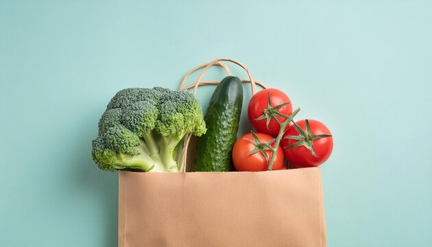 A brown paper bag filled with vegetables