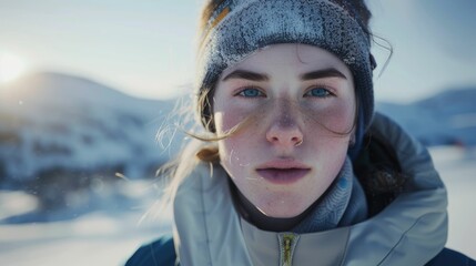 Wall Mural - The close up picture of the person looking at the camera with the white snow background in the middle of the snowy ice field, the skill require for ice field are fitness, ice safety knowledge. AIG43.