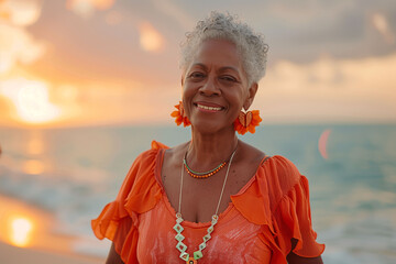 An elderly black woman with a youthful appearance, short gray hair, and dressed in orange summer clothing walking on the beach. Concept of middle age, well-being, quality of life, and female care.