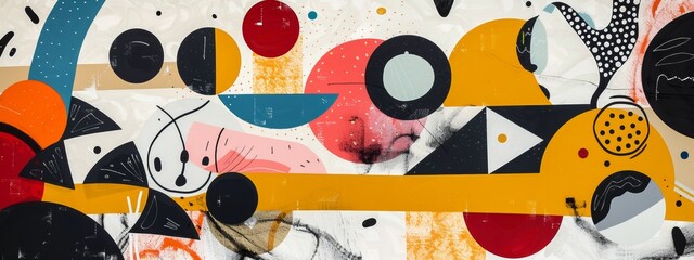Fototapete - A playful abstract composition featuring whimsical shapes and patterns.