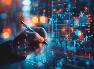 Businessman hand drawing a business growth graph with a hologram modern virtual computer interface
