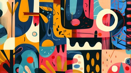 Fototapete - A playful abstract composition featuring whimsical shapes and patterns.