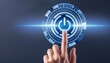 © Marko - Close-up of a finger pressing a glowing blue power button