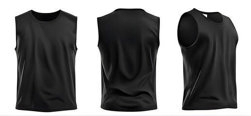  Set of men shirt black front, back and side view sleeveless tee t shirt tank singlet vest round neck on white background cutout. Mockup template for artwork design. 