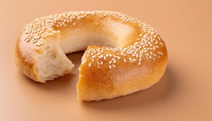 fresh bitten round wheat bagel with sesame seeds isolated on beige background crispy bread healthy organic food traditional pastries bakery product breakfast bagel element for advertising